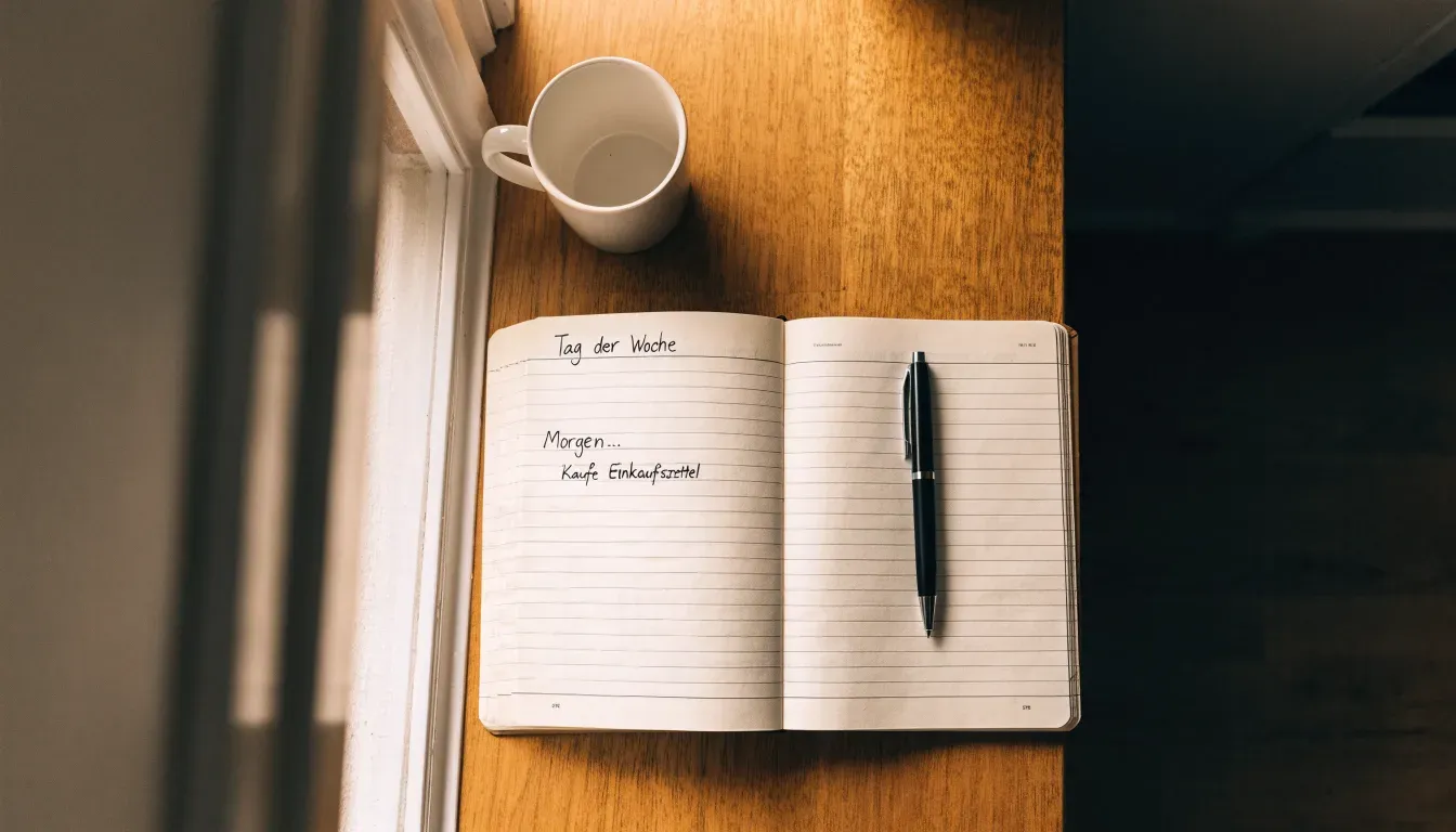 Ein aufgeschlagenes Notizbuch mit handschriftlichen Notizen und ein Kugelschreiber liegen auf einem Holztisch neben einem Fenster mit Tageslicht.