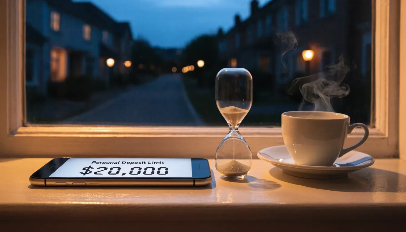 Eine Sanduhr steht auf einem Fensterbrett neben einer Tasse Tee, draussen dämmert es über einer ruhigen Strasse.