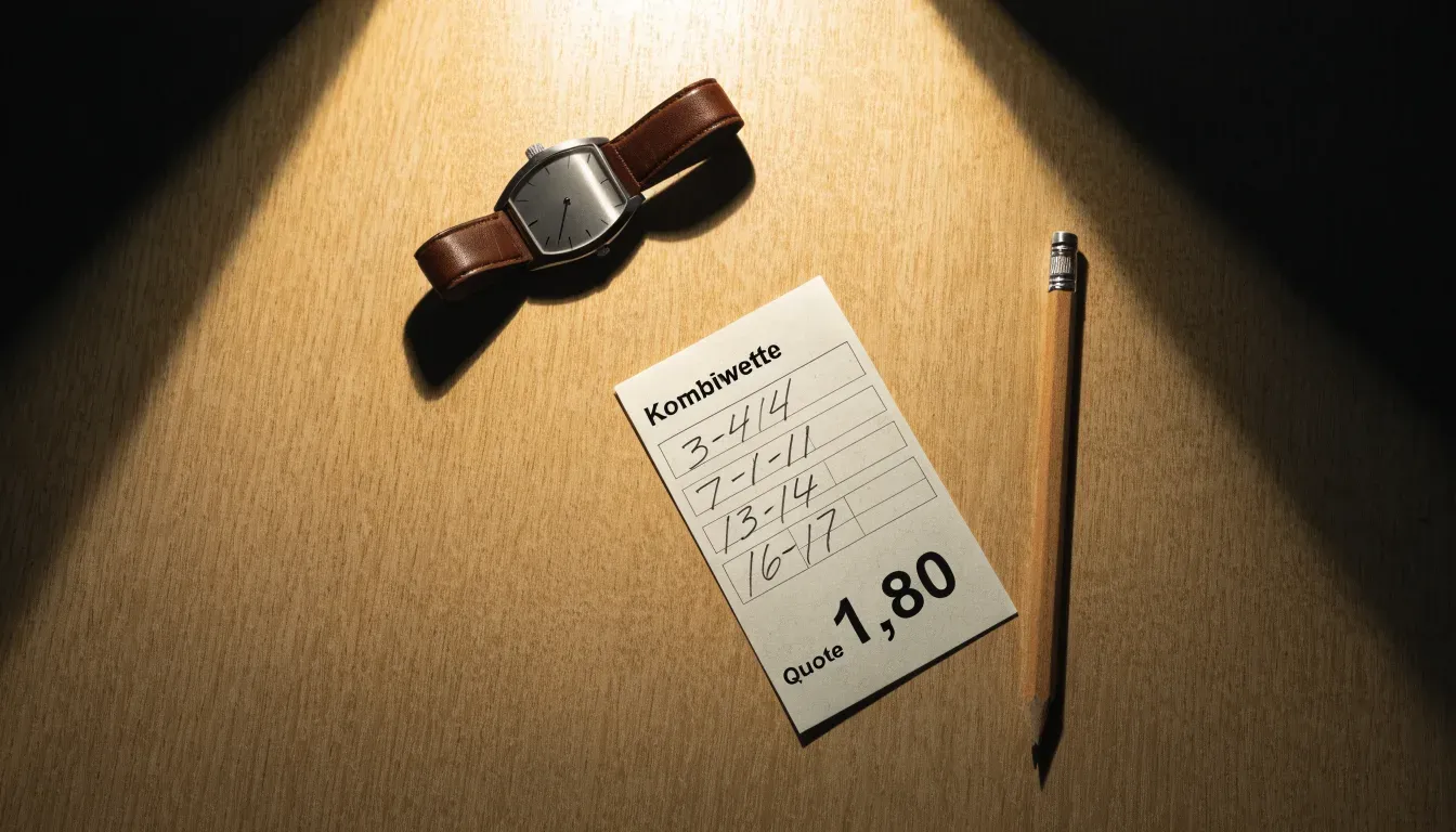 Eine Armbanduhr und ein gespitzter Bleistift liegen auf einem hellen Holztisch im Licht einer Schreibtischlampe.