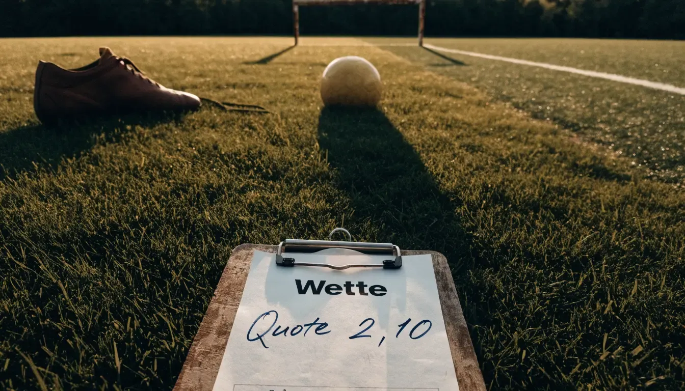 Ein Fussballschuh hängt an den Schnürsenkeln an einem Zaunpfosten neben einem Trainingsplatz im Abendlicht.