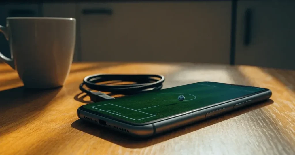 Ein Smartphone mit dunklem Display liegt auf einem Holztisch neben einem Ladekabel und einer Kaffeetasse.