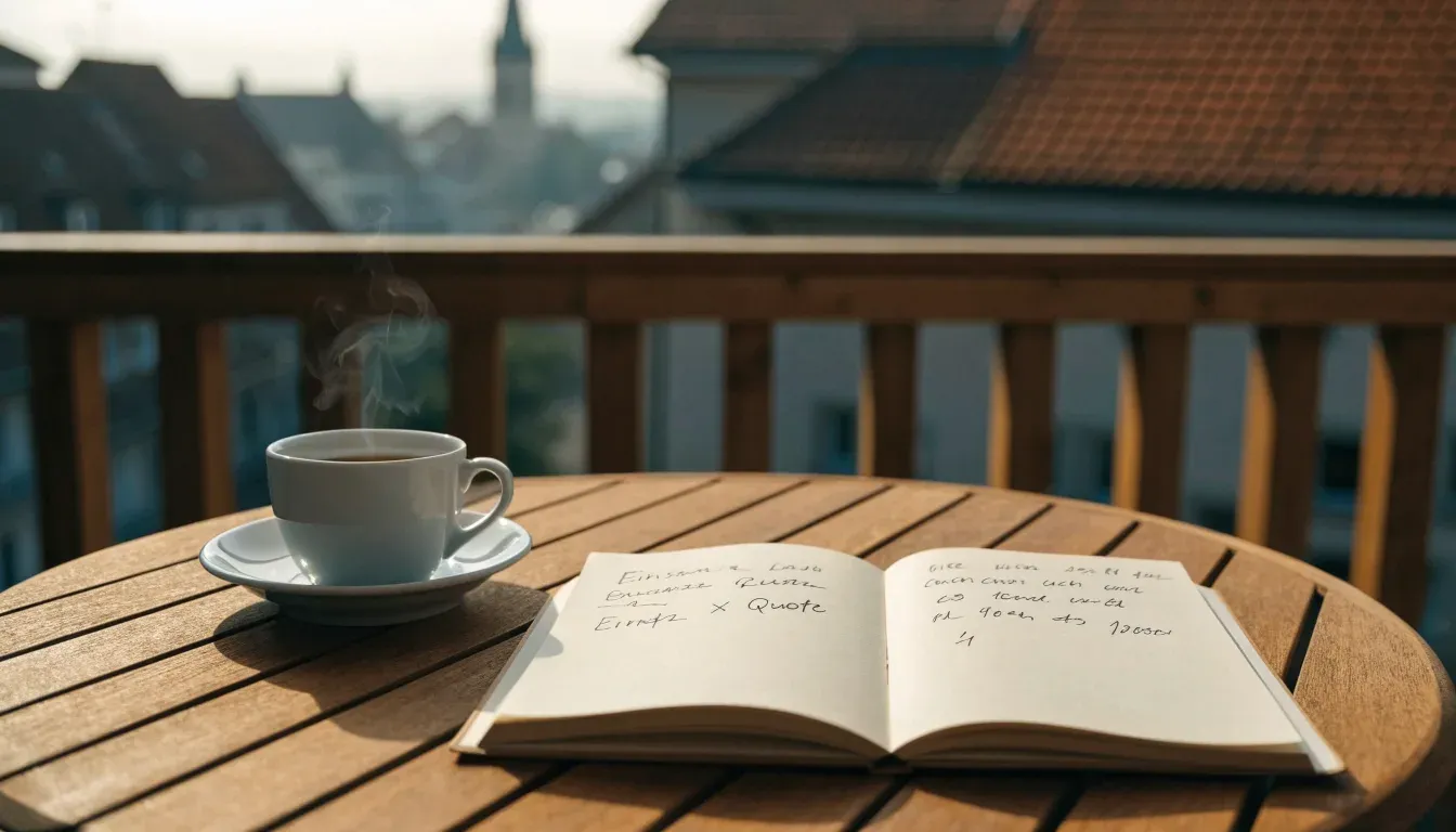 Eine Kaffeetasse und ein aufgeklappter leerer Notizblock stehen auf einem Balkontisch mit Blick über Hausdächer.