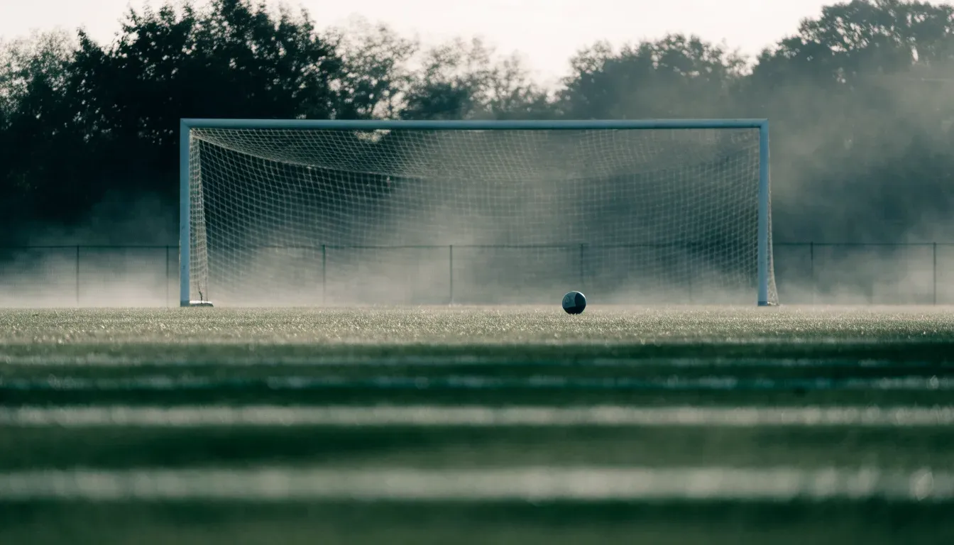 Ein Torpfosten mit Netz steht im Gegenlicht auf einem leeren Fussballplatz, über dem Rasen liegt Nebel.