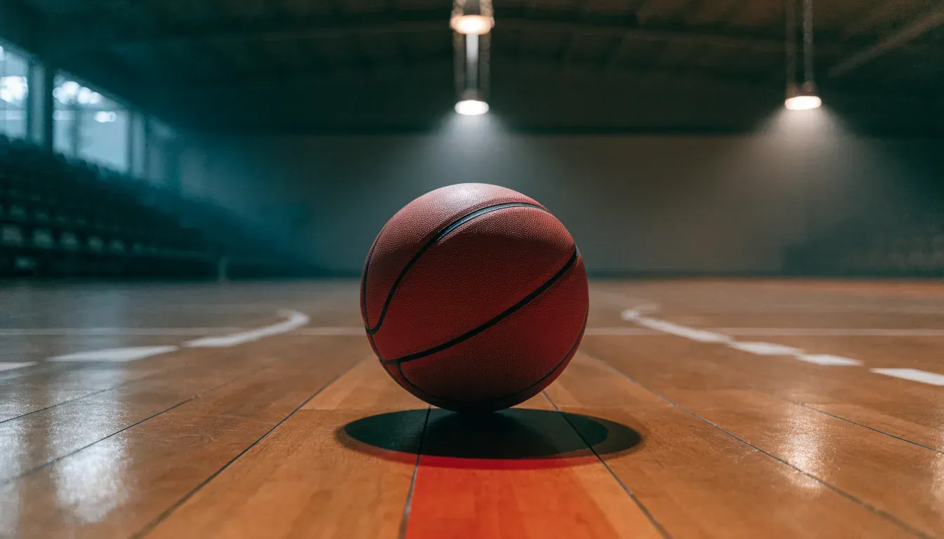 Ein Basketball liegt auf dem Parkett einer leeren Sporthalle im Licht der Deckenlampen.