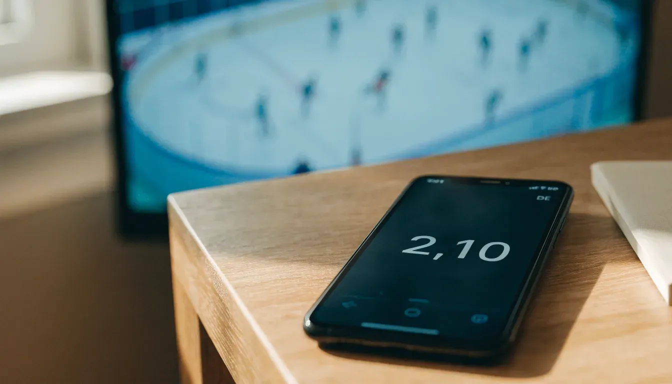 Ein Eishockeyschläger lehnt an der Bande einer leeren Halle, auf dem Eis spiegeln sich die Deckenlampen.