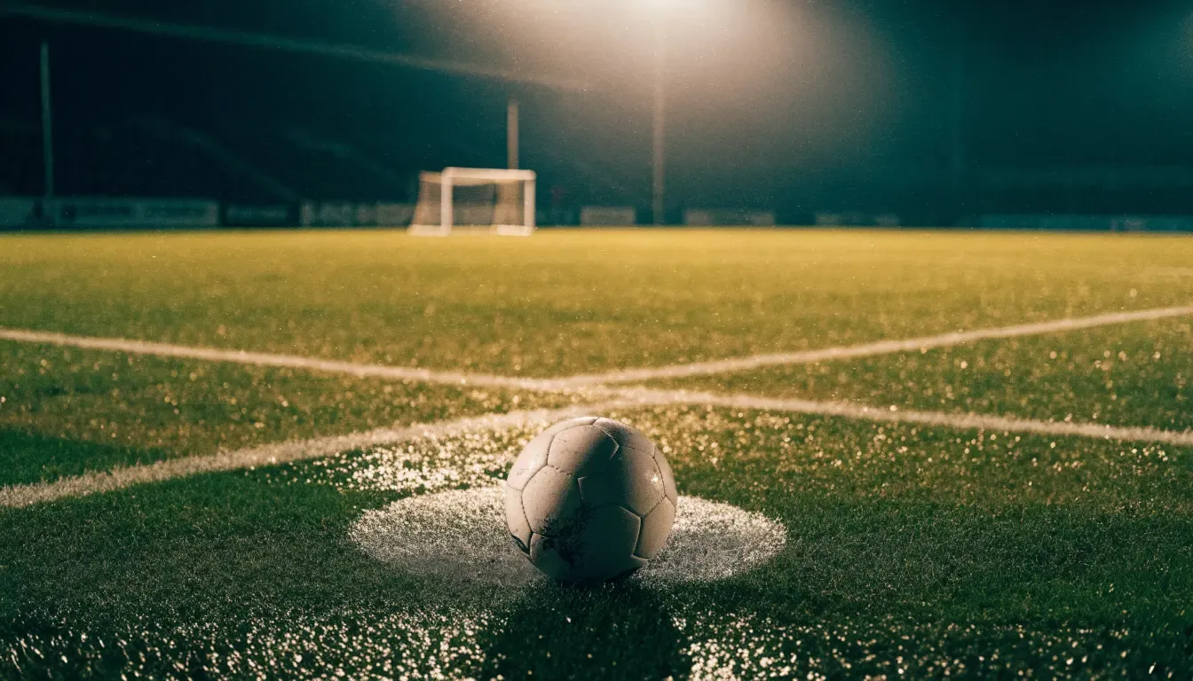 Ein einzelner Fussball liegt auf dem Elfmeterpunkt eines leeren Strafraums, der Rasen glänzt nass.