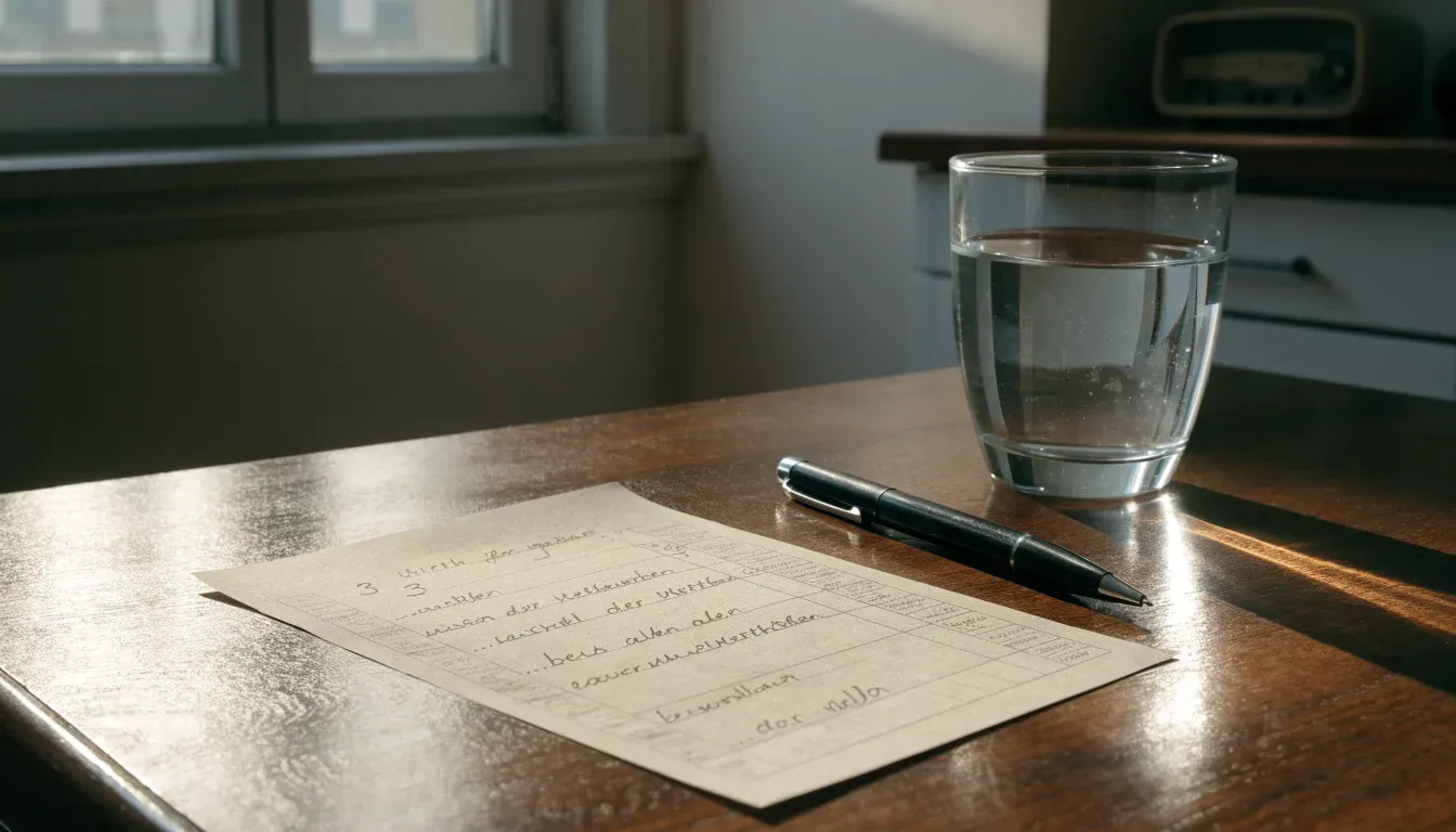 Ein altes Radio steht auf einer Küchenablage neben einem Glas Wasser, Morgenlicht fällt durchs Fenster.