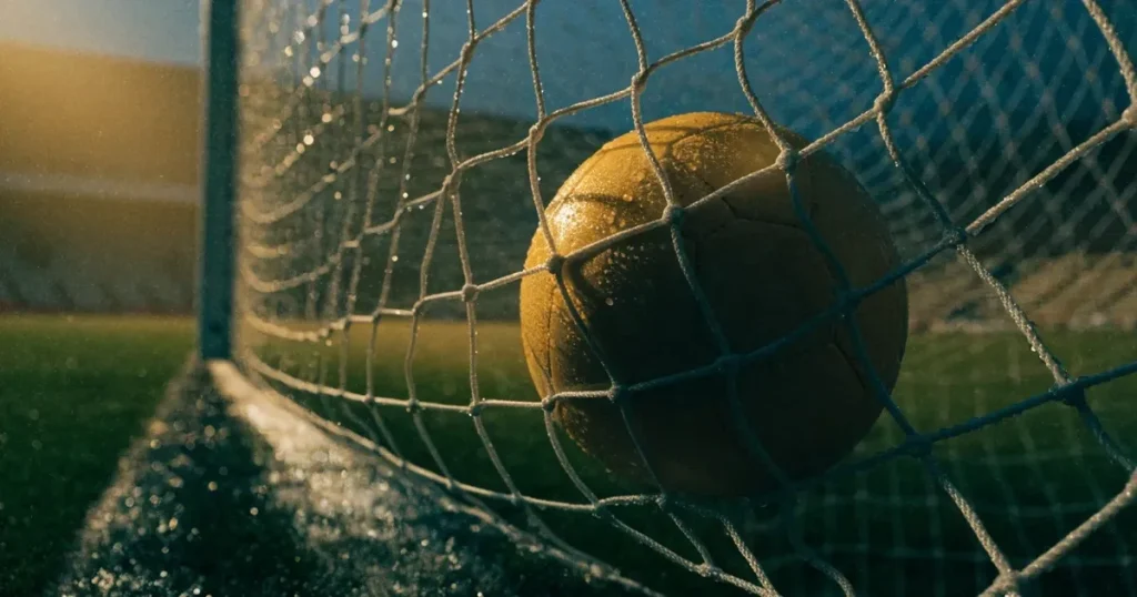 Ein Fussballnetz in Nahaufnahme, in dem ein Ball hängt, Wassertropfen glänzen auf den Maschen.