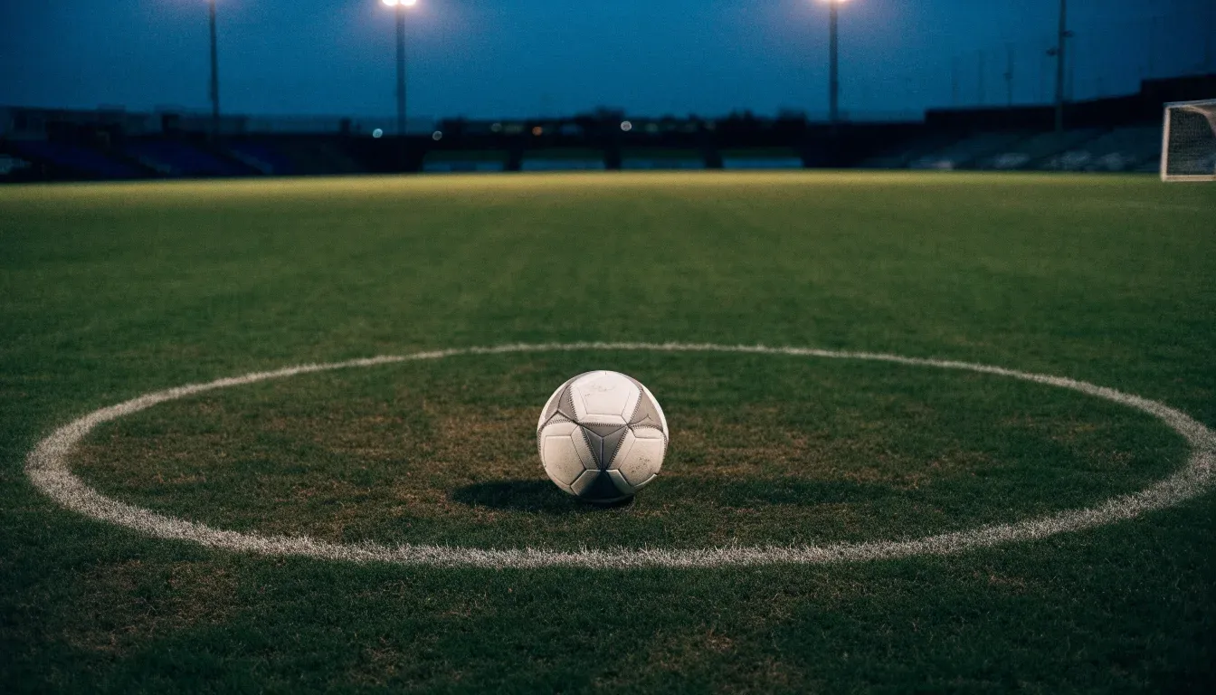 Ein Fussball liegt auf dem Mittelpunkt eines leeren Rasenplatzes, im Hintergrund ragen Flutlichtmasten in die Abenddämmerung