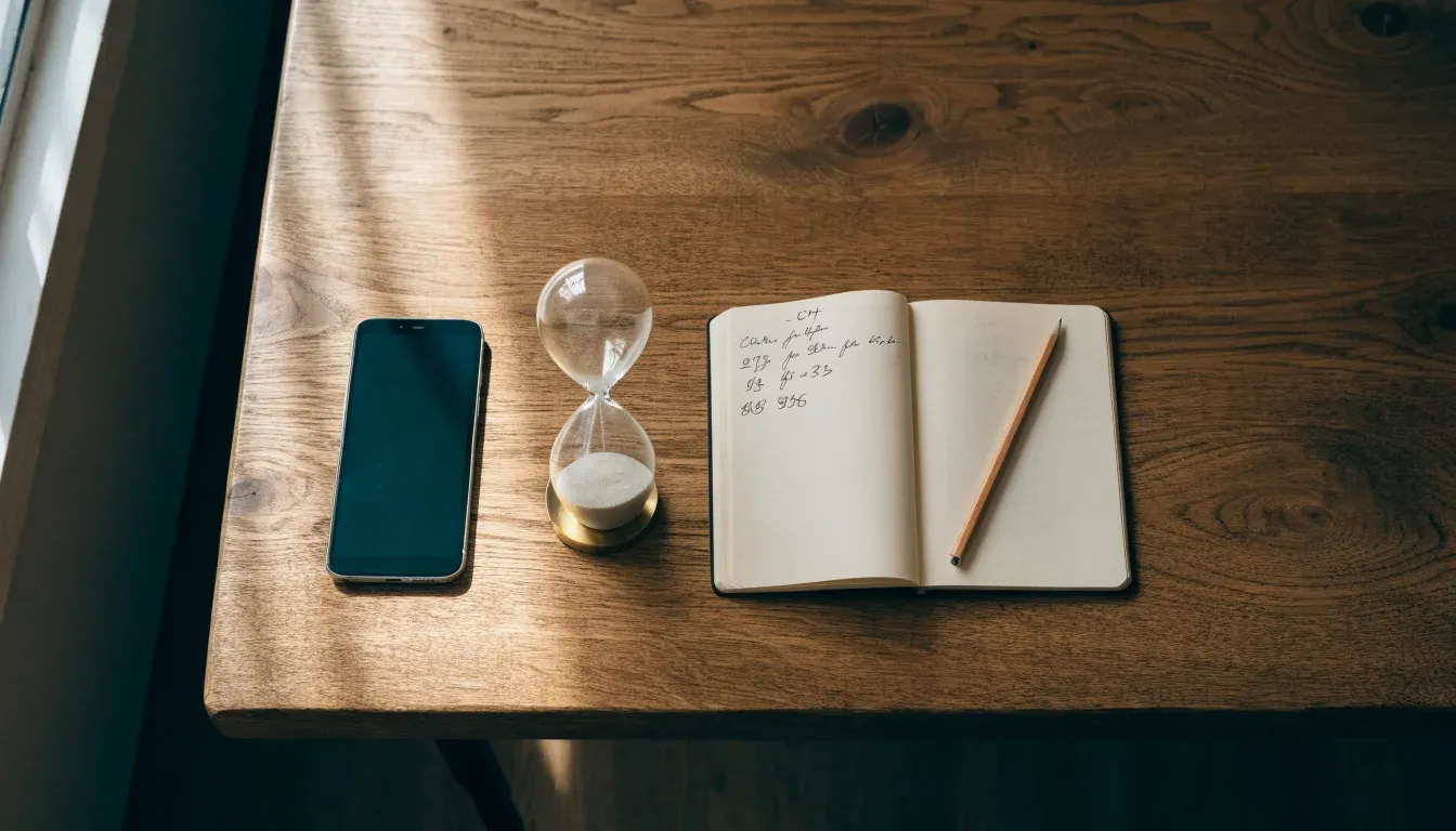 Eine Sanduhr steht neben einem Smartphone mit dunklem Display auf einem Holztisch, ruhiges Tageslicht fällt von der Seite ein