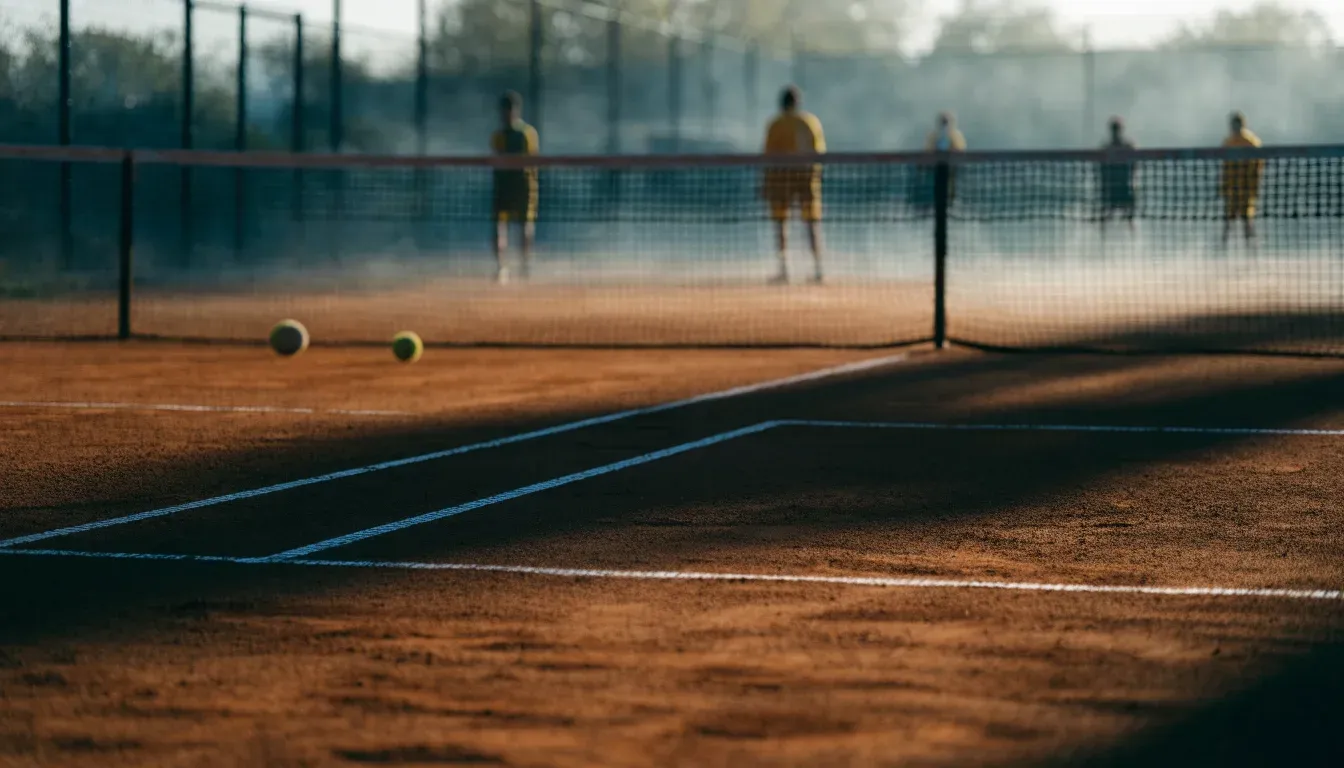 Ein Tennisplatz mit Sandbelag in der Morgendämmerung, Netz und Linien liegen im ersten Licht, Nebel hängt über dem Boden