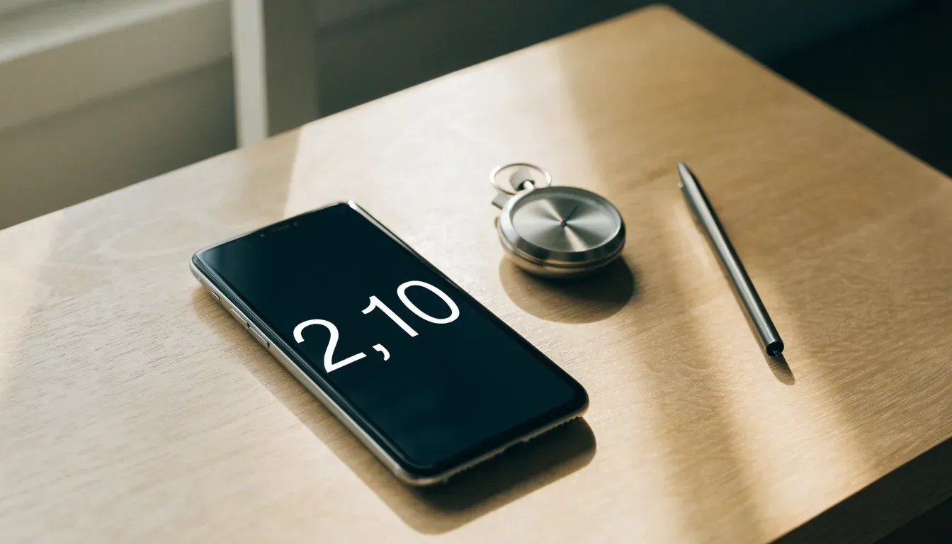 Eine Stoppuhr und ein Smartphone mit dunklem Display liegen nebeneinander auf einem Holztisch, weiches Fensterlicht