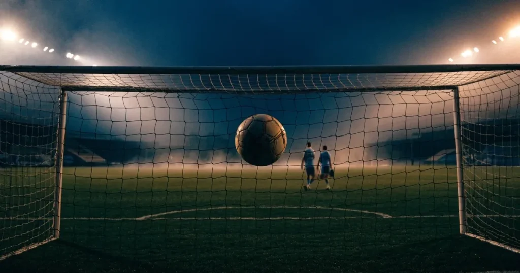 Ein Fussball liegt im Netz eines Tores, Flutlicht und kalte Abendluft liegen über dem leeren Platz