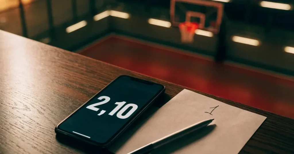 Ein Basketballkorb in einer leeren Halle, der Parkettboden glänzt im Licht der Deckenlampen