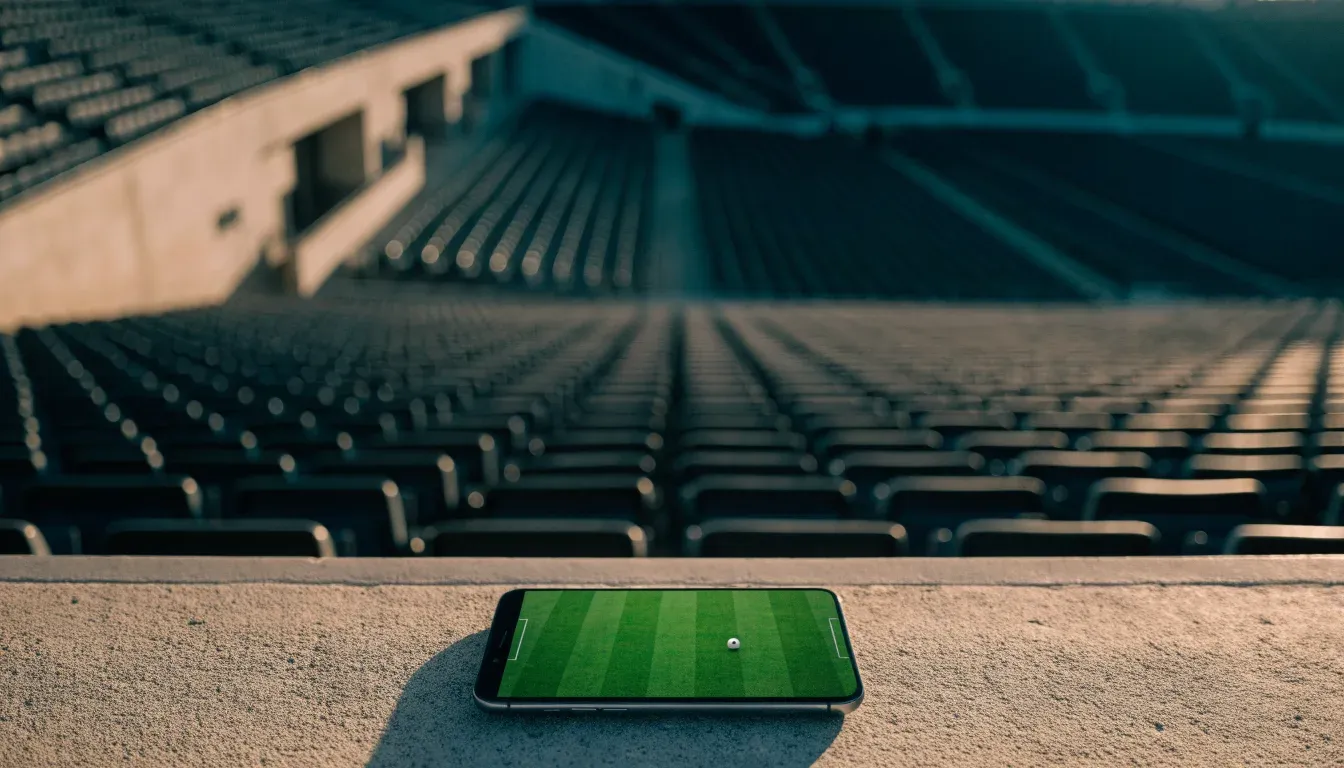 Eine leere Stadiontribüne bei Sonnenaufgang aus der Ferne, lange Schatten fallen über die Sitzreihen