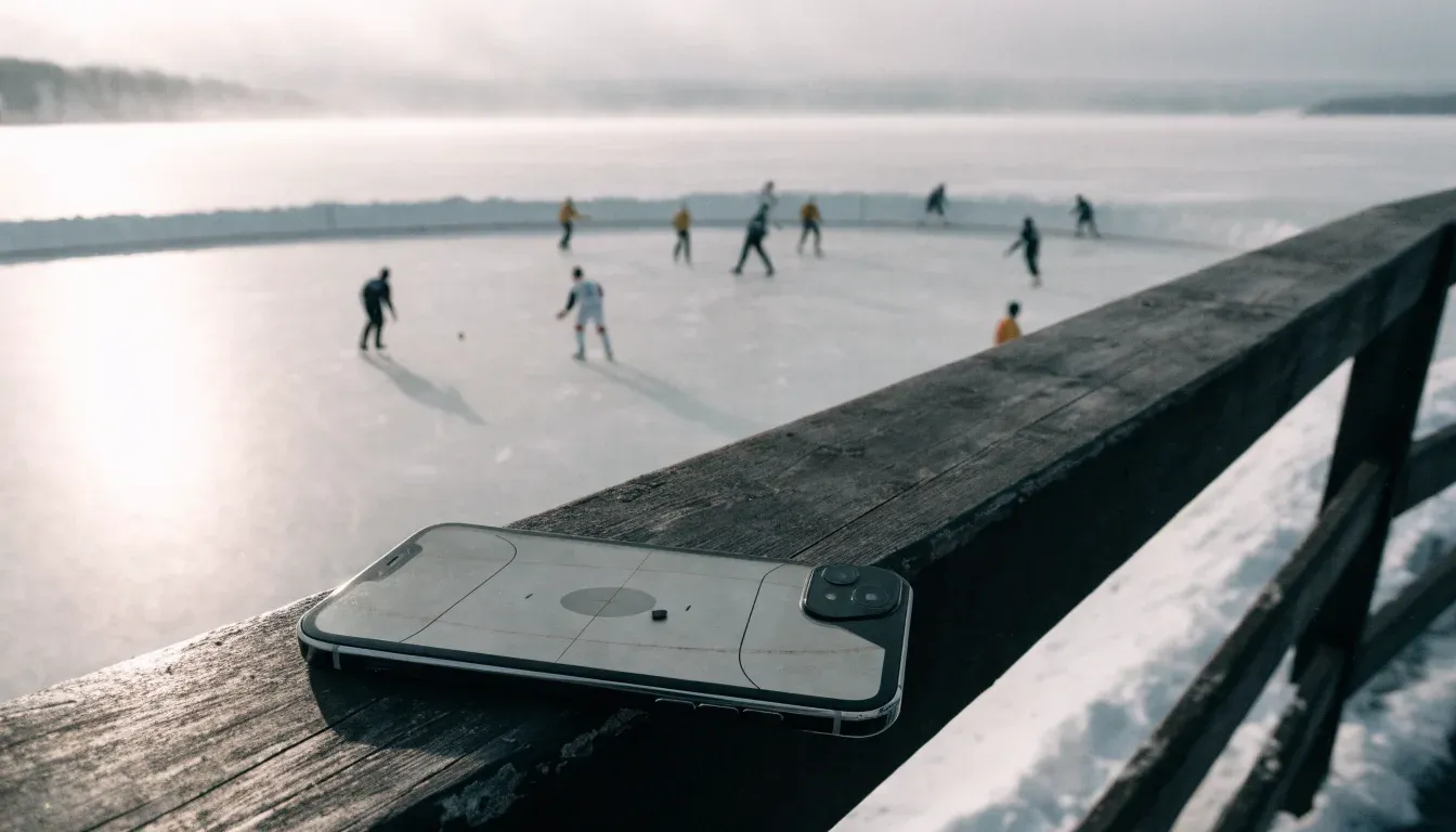 Ein Eishockeyfeld im Freien auf einem zugefrorenen See, Schneewehen an den Banden, klare Winterluft