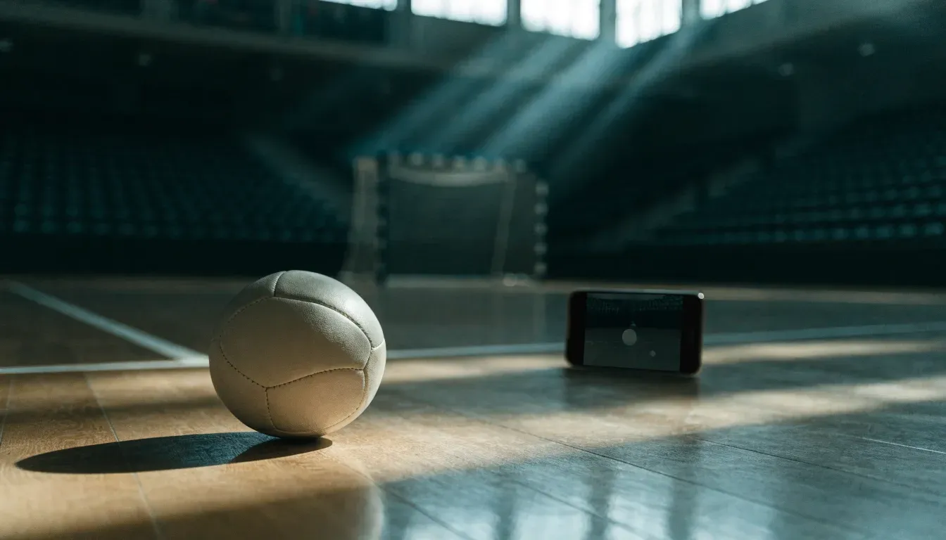 Ein Handball liegt auf dem Hallenboden einer leeren Sporthalle, Streifen von Licht aus den Oberlichtern