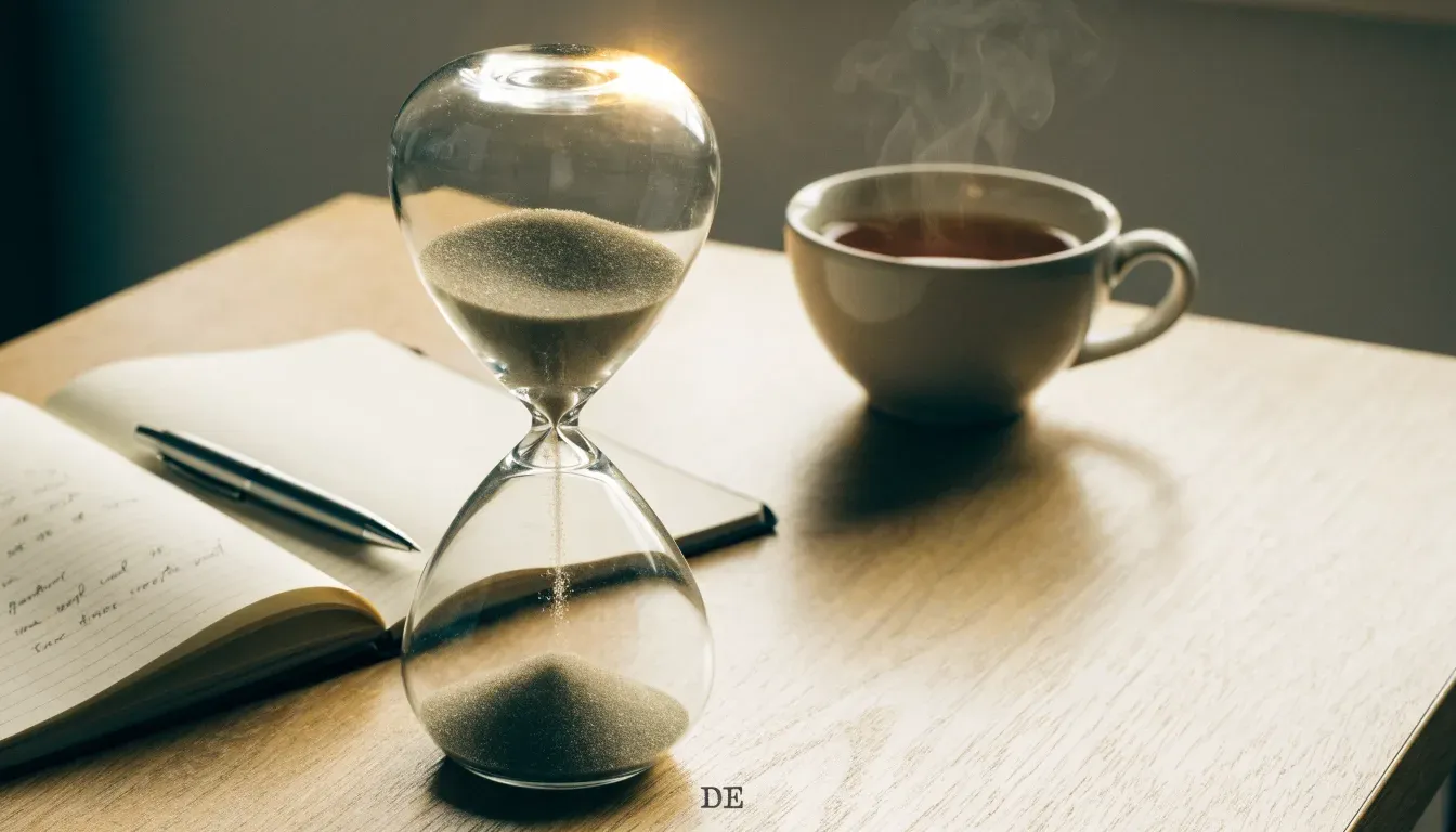 Eine Sanduhr steht neben einem Notizbuch mit handschriftlichen Notizen auf einem Holztisch, daneben dampft eine Tasse Tee.