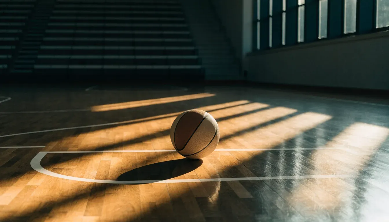 Ein Basketball ruht auf dem polierten Parkett einer leeren Halle, Nachmittagslicht fällt durch hohe Fenster.