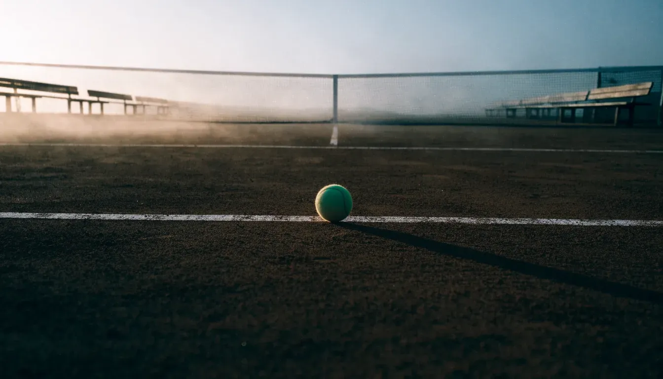 Ein gepflegter Tennisplatz im Morgengrauen, über der Grundlinie hängt leichter Nebel und die Bänke am Rand sind leer.