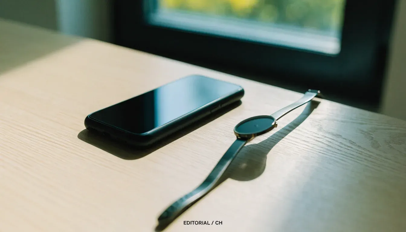 Ein Smartphone liegt mit dem Display nach unten auf einem Tisch neben einer Armbanduhr, im Hintergrund ein unscharfes Fenster.