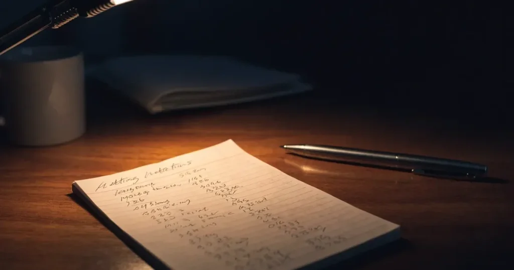 Eine Schreibtischlampe beleuchtet am späten Abend einen Block mit handschriftlichen Notizen und einen Stift.