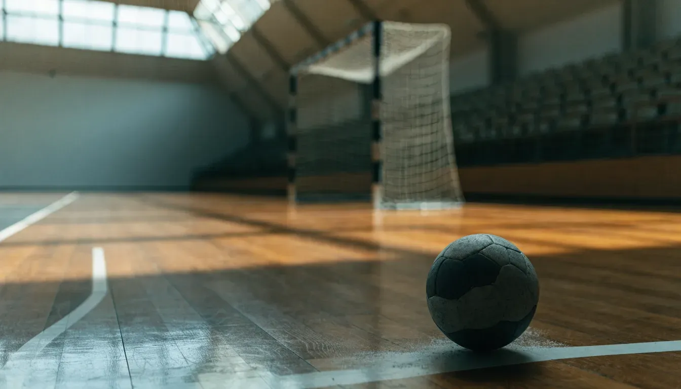 Ein Handball liegt am Rand des Torraums in einer leeren Sporthalle, Licht fällt durch Oberlichter auf den Hallenboden.
