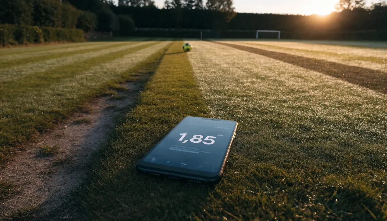 Ein Rasenspielfeld bei Sonnenaufgang, die Mittellinie verläuft quer durchs Bild und Tau glitzert auf dem Gras.