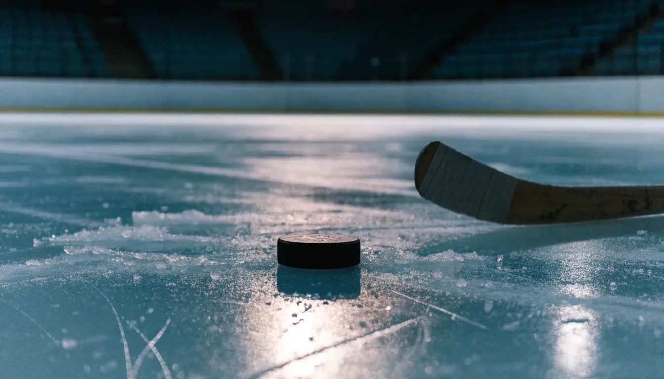 Ein Eishockeypuck und ein Schläger liegen auf einer glänzenden Eisfläche, im Hintergrund verschwimmen leere Banden.