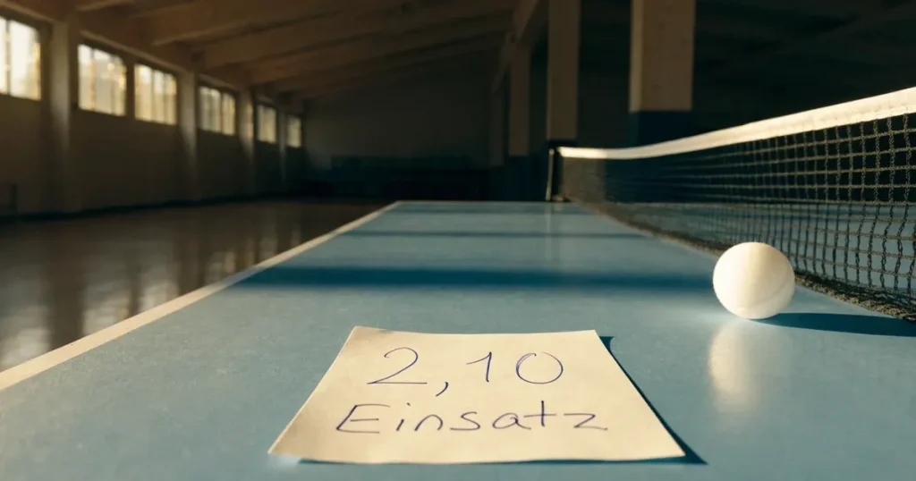 Eine Tischtennisplatte steht in einer leeren Sporthalle, ein einzelner Ball liegt am Netz und Tageslicht fällt von der Seite ein.