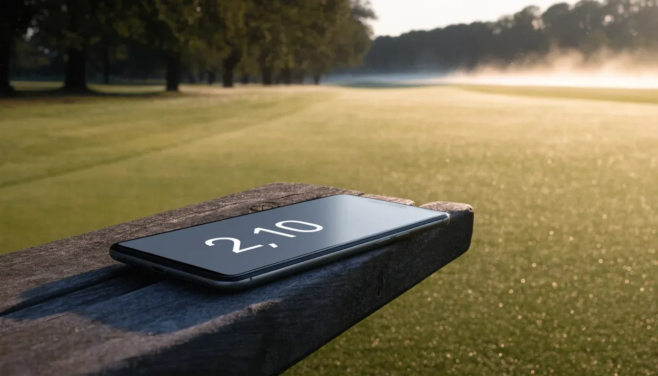 Ein Golfgrün bei Sonnenaufgang mit Tau auf dem Rasen, die Fahnenstange fehlt und im Hintergrund ziehen Nebelschwaden.