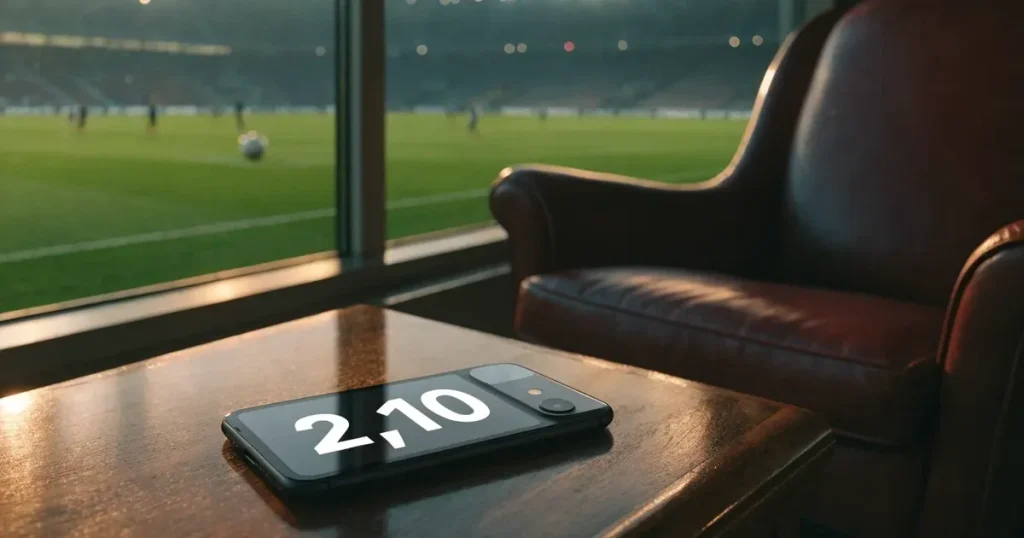 Ein leerer Ledersessel steht in einer Stadionloge mit Blick auf das Spielfeld im Abendlicht.