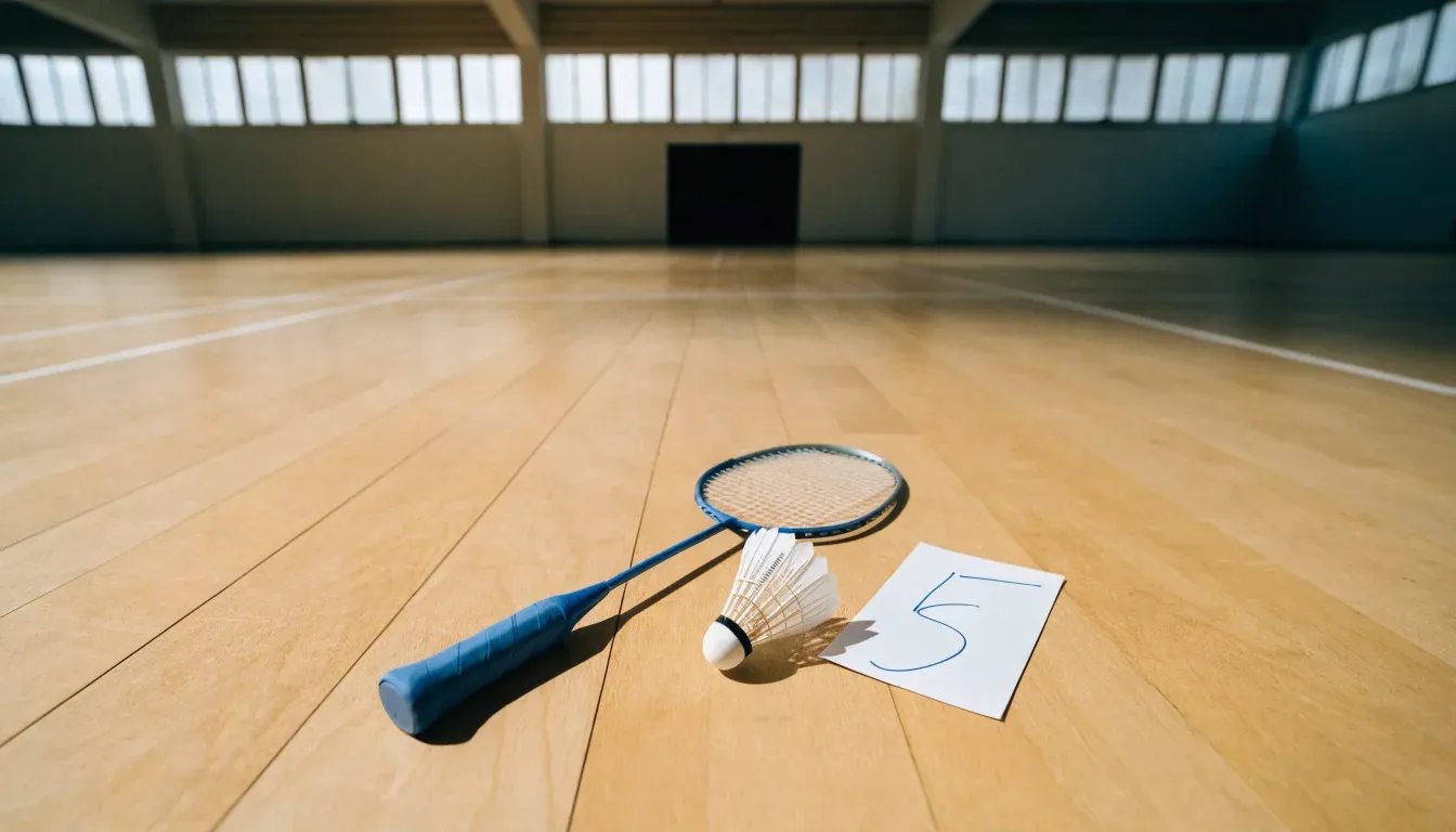 Ein Badmintonschläger liegt neben einem Federball auf dem hellen Hallenboden eines leeren Spielfelds.