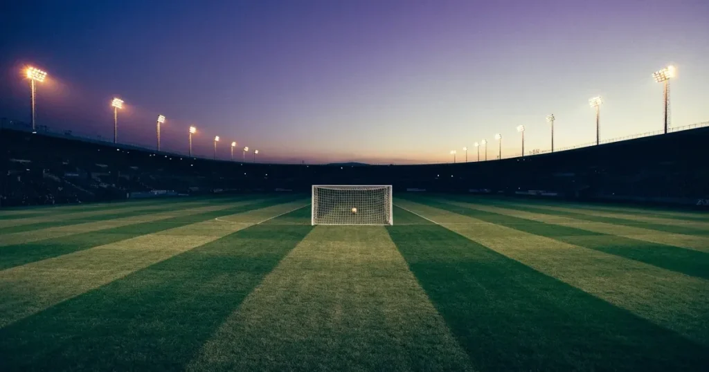 Ein menschenleerer Fussballplatz mit frisch gemähtem Rasen unter Flutlichtmasten in der Abenddämmerung, aus erhöhter Perspektive fotografiert.