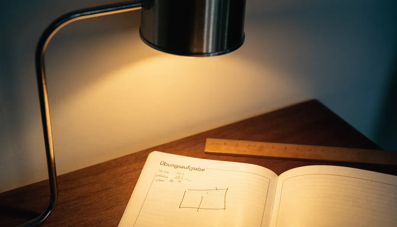 Eine Schreibtischlampe beleuchtet ein kariertes Heft mit handschriftlichen Skizzen, daneben liegt ein Lineal aus Holz.