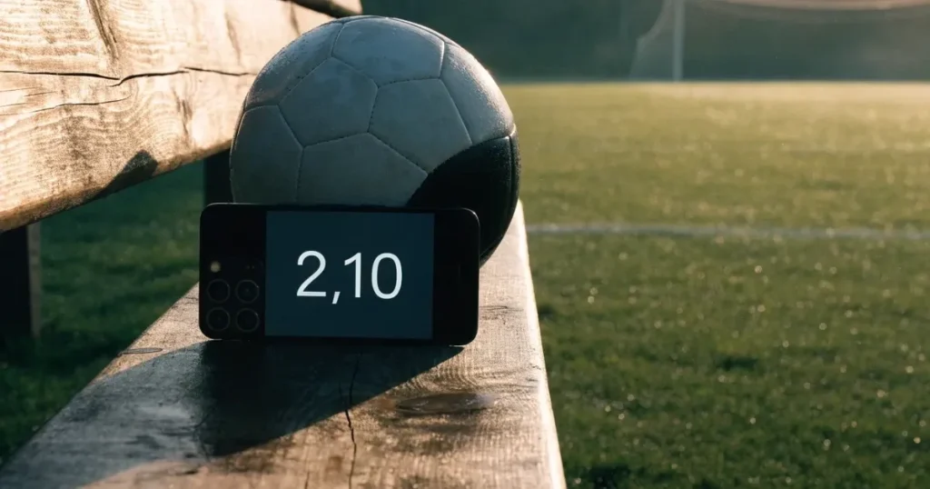 Ein Smartphone mit dunklem Bildschirm liegt neben einem Fussball auf einer Holzbank am Rand eines Trainingsplatzes im Morgenlicht.