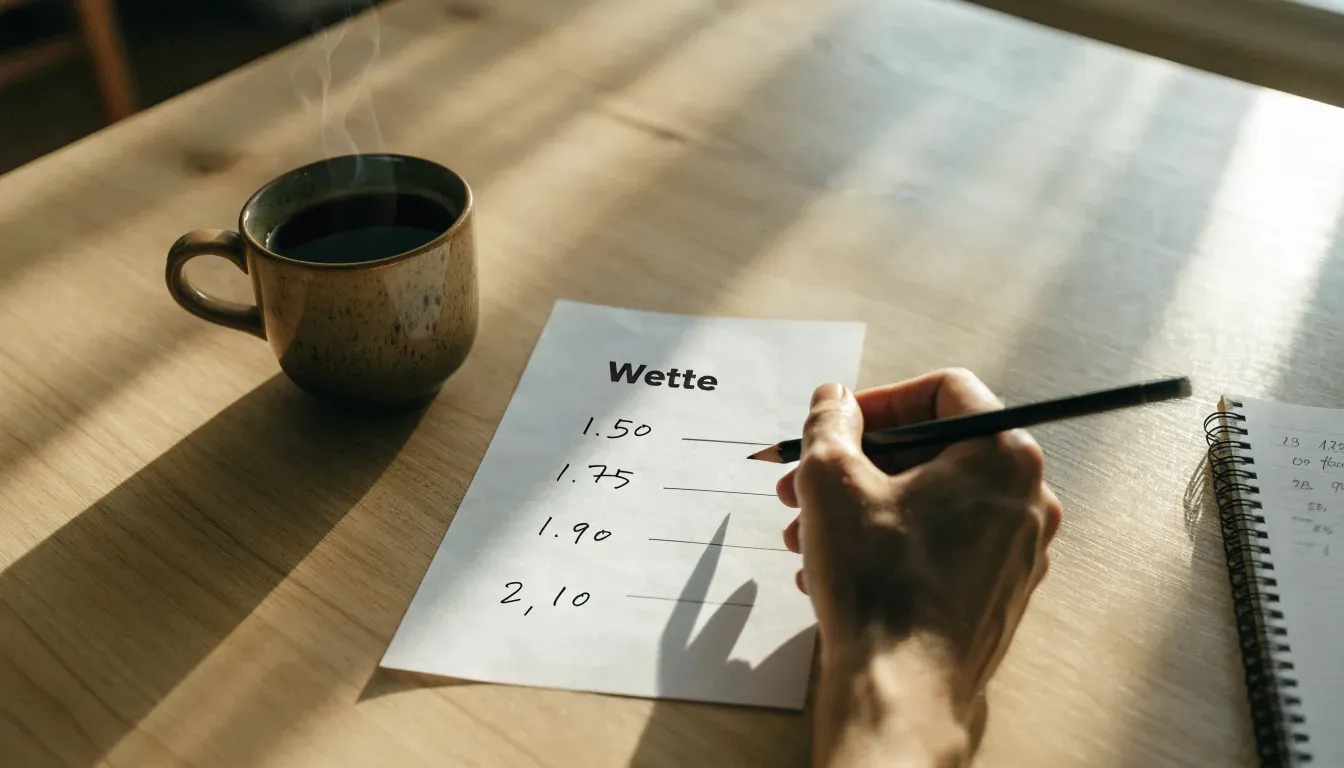 Eine Tasse Kaffee und ein Bleistift liegen auf einem sonnenbeschienenen Küchentisch neben einem leeren Notizblock.