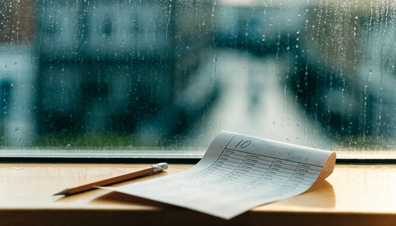 Ein Zeichenblock mit einem Bleistift und einem Radiergummi liegt auf einem Fensterbrett, draussen fällt Regen.
