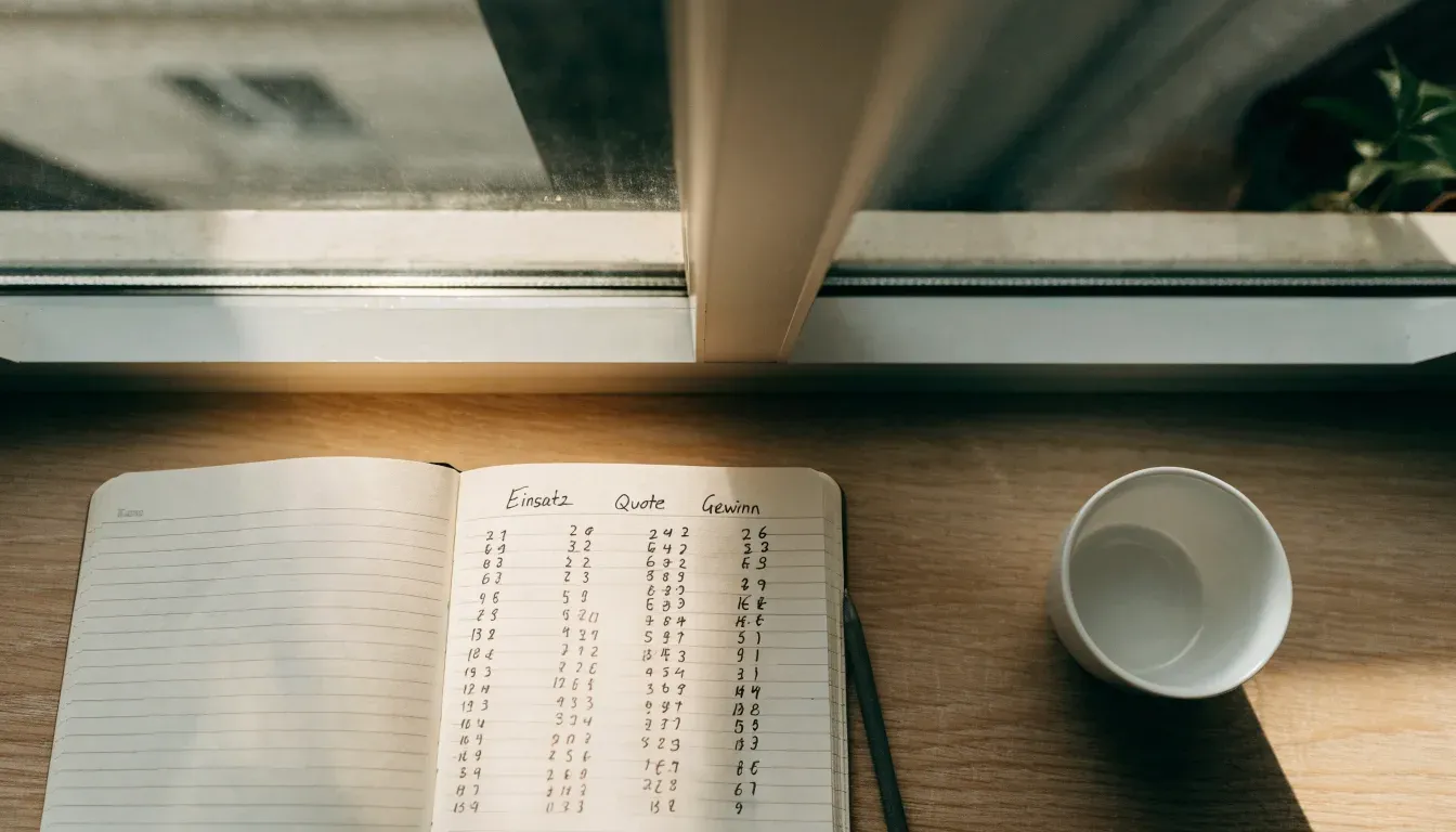 Ein aufgeschlagenes Notizbuch mit handschriftlichen Spalten und ein Bleistift liegen auf einem Holztisch neben einem Fenster.
