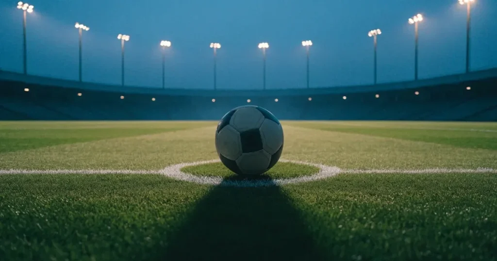 Ein Fussball liegt auf dem Anstosspunkt eines leeren Rasenplatzes, im Hintergrund glimmen Flutlichtmasten im Abendlicht.