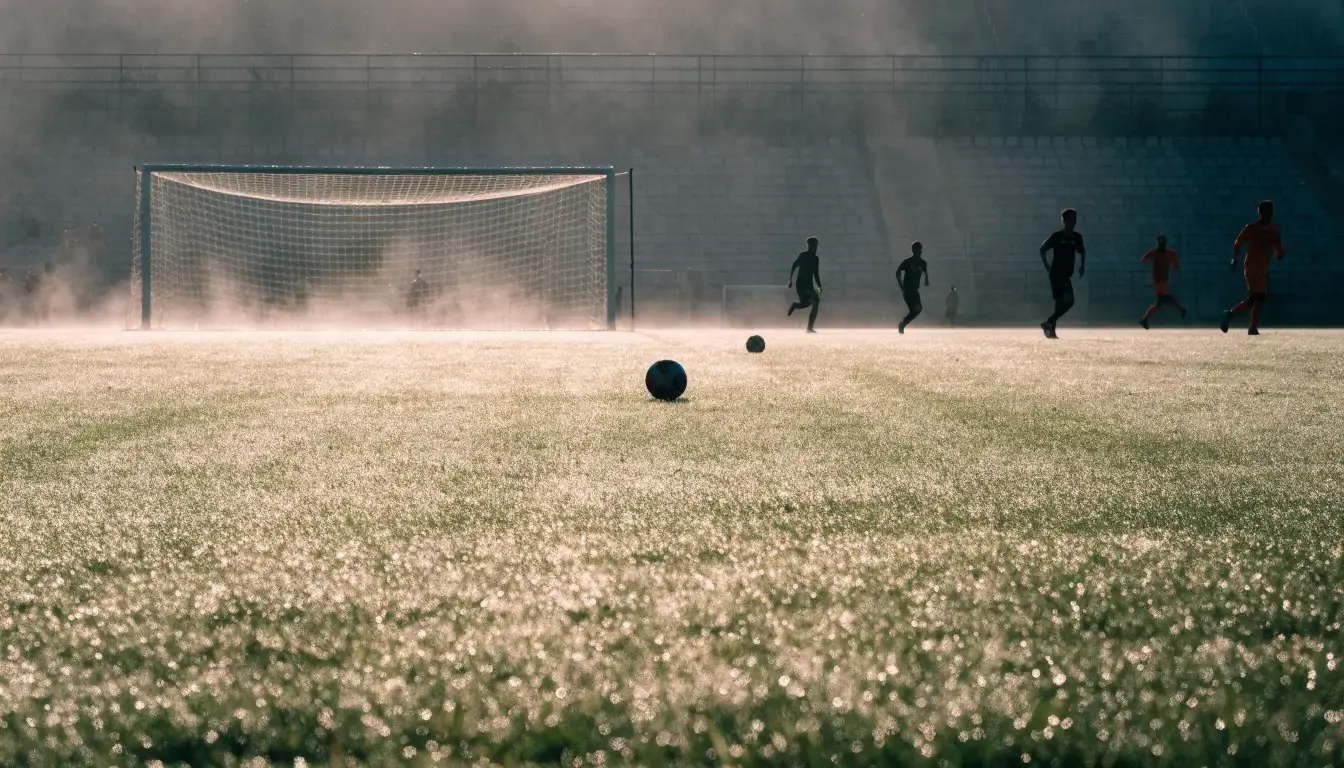 Ein Tennisplatz aus Sand liegt im Morgengrauen still da, Nebel hängt über der Grundlinie und dem aufgespannten Netz.