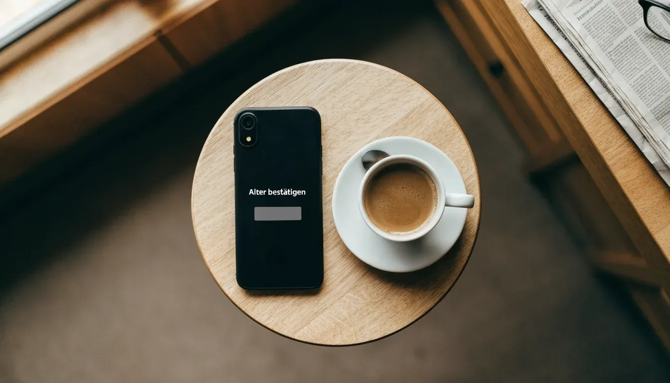 Ein Smartphone liegt mit der Rückseite nach oben auf einem Kaffeehaustisch neben einer Tasse und einem Löffel.