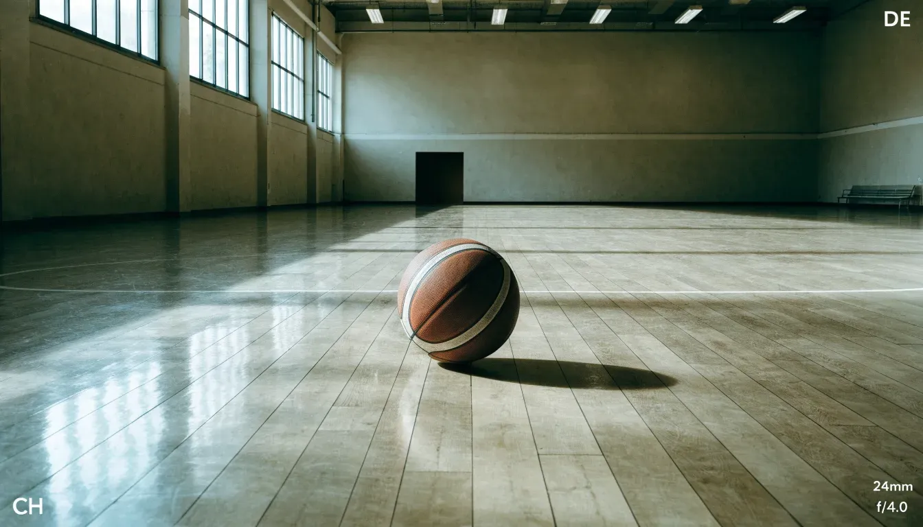 Ein Basketball ruht auf dem Parkett einer leeren Sporthalle, durch hohe Fenster fällt Tageslicht.