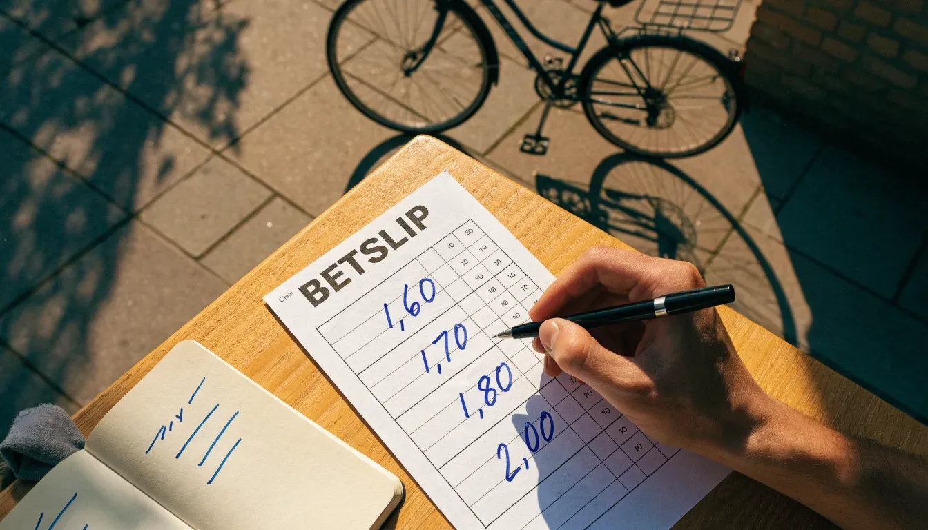 Ein Fahrrad lehnt an einer Backsteinmauer, auf dem Gehweg davor fallen lange Schatten.