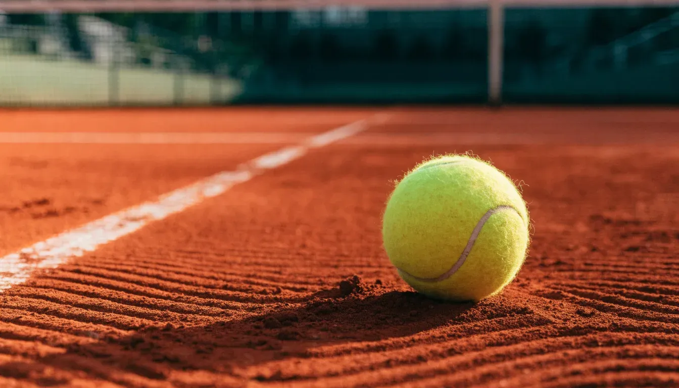 Ein Tennisball liegt auf rotem Sand neben einer verblassten Linie, das Licht ist weich.