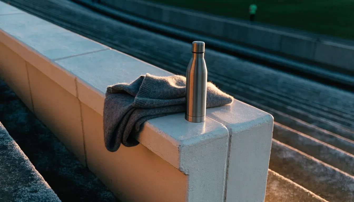 Ein grauer Wollschal und eine Thermoskanne liegen auf einem Sitz im winterlichen Stadion, Raureif liegt auf den Stufen.