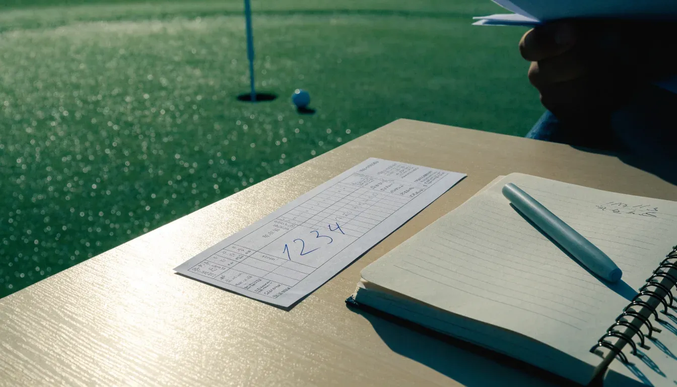 Ein Golfgrün liegt am frühen Morgen im Tau, ein Ball liegt nahe dem Loch.